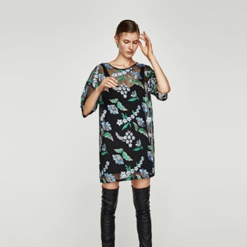 Zara Floral/Black Semi-Sheer Mini Dress